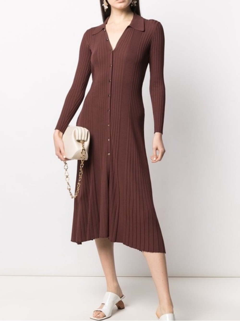 Sandro Melanie Ribbed Knit Button-Front Midi Dress in Dark Brown Sz 8 US - Picture 1 of 9
